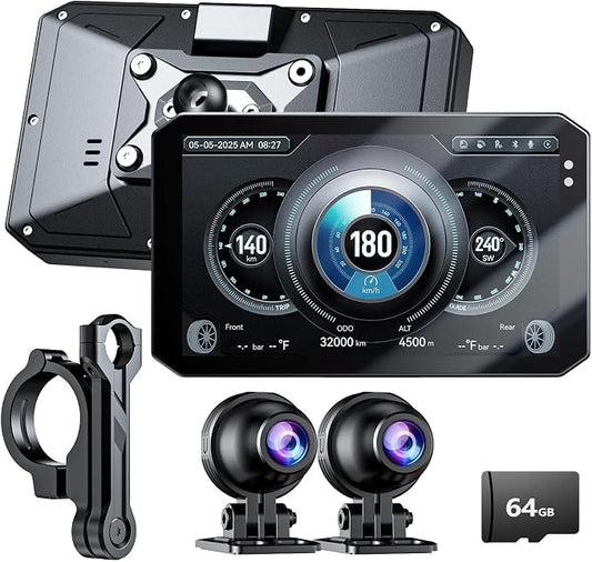 Y5 5" Motorcycle Dash Cam with 307 Rear Camera, Dual 1080P Motorcycle Camera, CarPlay & Android Auto, IP67 Waterproof, 64GB Card Included, GPS, 5G Wi-Fi, App, Night Vision
