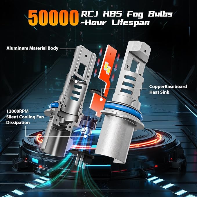 RCJ Fog Weather Light Bulbs, 9007/HB5 Bulbs 6000K Cool White, Plug-N-Play, Pack of 2