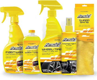 Formula 1 Complete Car Detailing Kit - Clean & Protect Every Surface, Includes Car Wash and Wax, Wheel Cleaner, Interior Spray and Microfiber Towel (5 Piece Bundle)