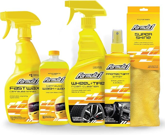 Formula 1 Complete Car Detailing Kit - Clean & Protect Every Surface, Includes Car Wash and Wax, Wheel Cleaner, Interior Spray and Microfiber Towel (5 Piece Bundle)