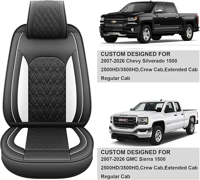 JOJOBAY Chevy Silverado Seat Covers,Leather Seat Covers for GMC Sierra,Custom Fit 2007-2026 1500 2500HD 3500HD Crew Double Extended Regular Cab,LT LZT RST Trail Boss(Front Pair,Black White)