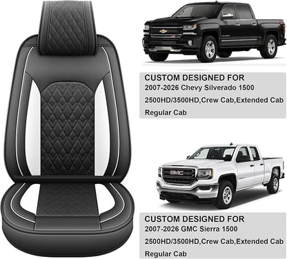 JOJOBAY Chevy Silverado Seat Covers,Leather Seat Covers for GMC Sierra,Custom Fit 2007-2026 1500 2500HD 3500HD Crew Double Extended Regular Cab,LT LZT RST Trail Boss(Front Pair,Black White)