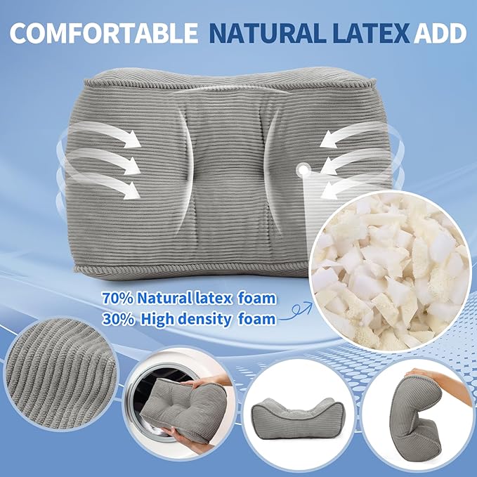 Lumbar Support Pillow for Study Desk Chair, Bite-Size Natural Latex Foam Back Support Pillow for Lower Back Pain Relief, Soft & Support Corduroy Office Chair Cushion, S, Gray