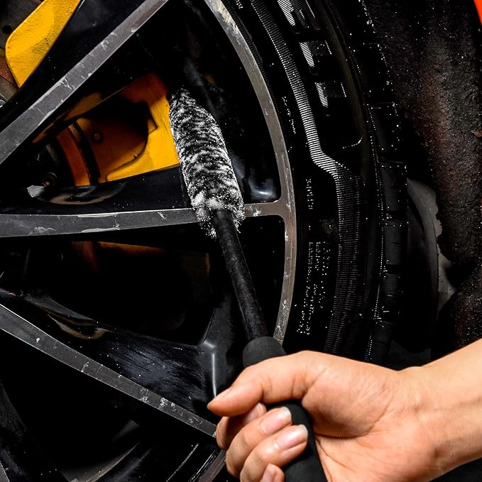Car Wheel Rim Brush Kit, Woolies Wheel Brush, Car Cleaning Brush Fiber Rod, Steel Ring Fiber Cleaning Brush, Long Non-Slip Handle Clean Brush, Great to Clean Car Wheel Rim