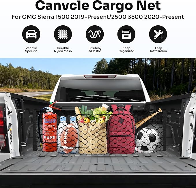 Canvcle Truck Bed Cargo Net for 2019-2025 2026 GMC Sierra 1500/2020-2026 Chevy Silverado 2500 3500 Accessories Envelope Style Mesh Trunk Net Organizer and Storage Stretchable Nylon Rear Cargo Netting