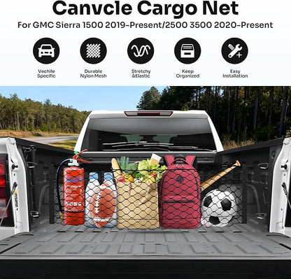Canvcle Truck Bed Cargo Net for 2019-2025 2026 GMC Sierra 1500/2020-2026 Chevy Silverado 2500 3500 Accessories Envelope Style Mesh Trunk Net Organizer and Storage Stretchable Nylon Rear Cargo Netting