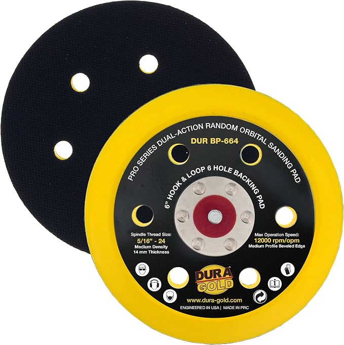 Dura-Gold Pro Series 6" Hook & Loop DA Sander Backing Plate Pad, 6 Hole Pattern Dustless - Flexible Edge Dual-Action Random Orbital Sanding Pad, 14mm Thick - Polisher Auto Paint Woodworking Sandpaper
