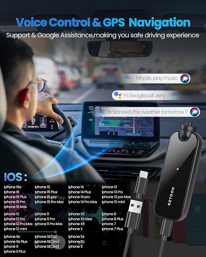 Wireless Carplay Adapter Upgraded Model adds Emergency Escape Window Breaker Function for Apple iPhone iOS 10+ & Cars from 2016+, Auto-Connect Stable Control & No Latency