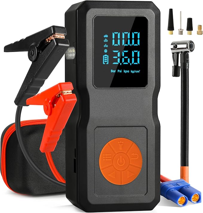 Car Battery Jump Starter with Tire Inflator Portable Air Compressor, Jump Pack for 1.5L-8L Gas & Diesel Vehicles (All 12V Batteries Car), Fast Battery Booster for Men Dad