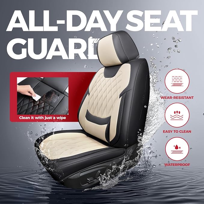 FREESOO Front Car Seat Covers - Luxury Breathable Waterproof Faux Leather Car Seat Cushion Protectors with Lumbar Support, Universal Fit for Most 5 Seats Vehicles Sedans Hatchbacks Trucks, Black Beige