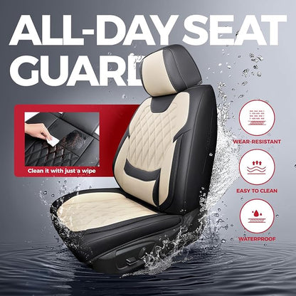 FREESOO Front Car Seat Covers - Luxury Breathable Waterproof Faux Leather Car Seat Cushion Protectors with Lumbar Support, Universal Fit for Most 5 Seats Vehicles Sedans Hatchbacks Trucks, Black Beige