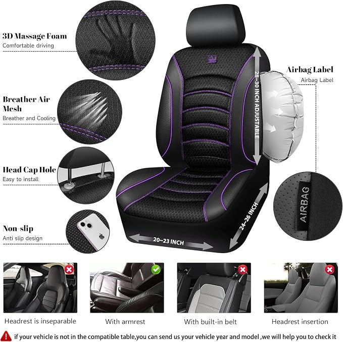 CAR PASS Comfortable 3D Foam Mesh Leather Car Seat Covers Front, Air Cool Mesh Breathable Front Seat Covers for Car, Universal for SUV Truck Sedan Automotive, Airbag Compatible,Black Purple