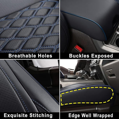Huidasource Car Seat Covers for Dodge Ram, Full Coverage Waterproof Leather Pickup Truck Seat Cushion Protector Fit for 2009-2018 1500, 2010-2025 2500/3500 Crew Mega Cab(Full Set/Black&Blue)