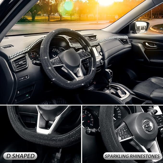 SEG Direct Diamond Flat Bottom Steering Wheel Cover, D Shaped Car Wheel Cover 14 1/2-15 in. (37-39 cm), Bling Sparkly Rhinestones, Black with Black Diamond