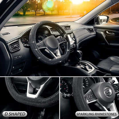 SEG Direct Diamond Flat Bottom Steering Wheel Cover, D Shaped Car Wheel Cover 14 1/2-15 in. (37-39 cm), Bling Sparkly Rhinestones, Black with Black Diamond