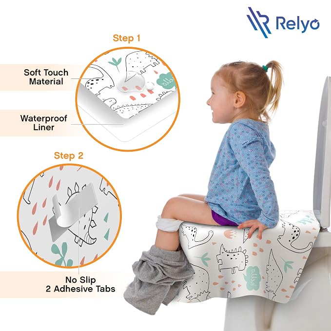 Relyo Disposable Toilet Seat Cover for Travel – 20 Pack with Covers Wrapped in Sets of 2, Non-Flushable Liners, Fits Most Seats – Kids, Toddlers, Adults (Dinosaurs, 20)