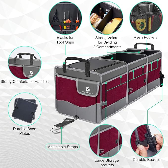 Trunk Organizer with Cooler, Collapsible Trunk Storage Container with Non Slip Bottom Strips, Large Multi-Compartment Waterproof Car Trunk Organizer Groceries for Vehicle Sedan, SUV, Van(Wine Red)