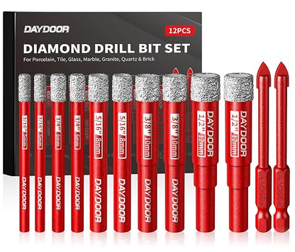 DAYDOOR Dry Diamond Drill Bits Set, 3/16" 1/4" 5/16" 3/8" 1/2" Diamond Hole Saw Kit for Porcelain Tile Ceramic Glass Marble Granite, Tile Drill Bits with Cooling Wax, Round Shank (12-Piece)