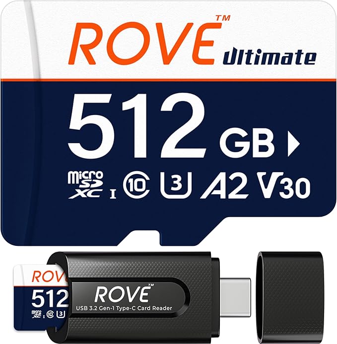 ROVE Ultimate Micro SD Card microSDXC 512GB Memory Card with USB 3.2 Type C Card Reader 512GB 170MB/s C10, U3, V30, 4K, A2 for Dash Cam, Android Smart Phones, Tablets, Games