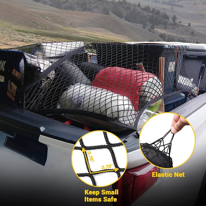 BUMBEE Truck Bed Cargo Net, Highly Elastic Stretchable up to 7ft x 7ft Small Mesh Durable Storage Organizer for Pickup Car Trunk SUV Boat