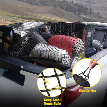 BUMBEE Truck Bed Cargo Net, Highly Elastic Stretchable up to 7ft x 7ft Small Mesh Durable Storage Organizer for Pickup Car Trunk SUV Boat