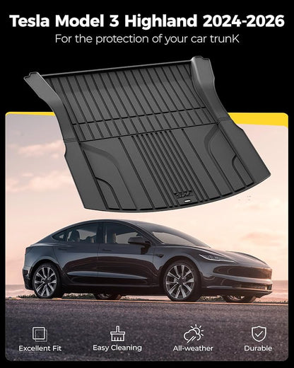 3W Cargo Liner Fit for 2024 2025 2026 Tesla Model 3 Highland, Trunk Mat Set, Custom Fit, TPE, All Weather Waterproof, Car Accessories, Black
