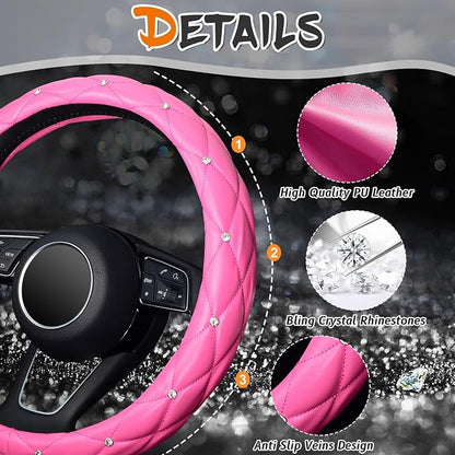 KAFEEK Diamond Leather Steering Wheel Cover with Bling Bling Crystal Rhinestones, Universal 15 inch,Dark Pink