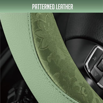 PIC AUTO Steering Wheel Cover, Green Patterned Leather Patchwork Design, Universal Fit 14.5"–15.5", Anti-Slip, Odor-Free, Soft PU Grain Leather, Durable Grip Car Accessory for Girls & Women