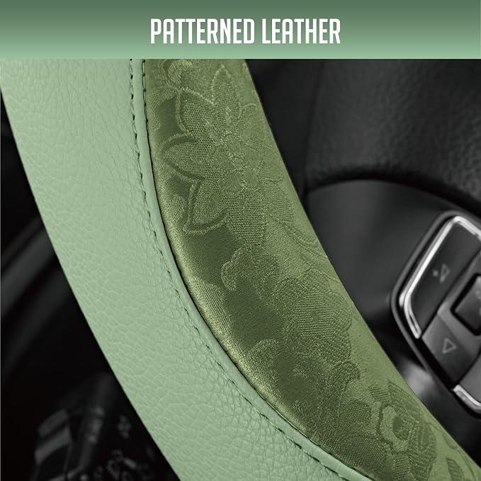 PIC AUTO Steering Wheel Cover, Green Patterned Leather Patchwork Design, Universal Fit 14.5"–15.5" D-Shape Steering Cover, Soft PU Grain Leather, Durable Grip Car Accessory for Girls & Women