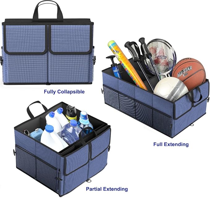 EPAuto Foldable Car Trunk Organizer for SUV, 3-Compartment with Removable Divider, Blue