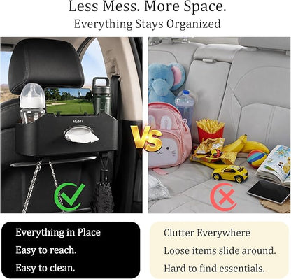 Mu&Ti Back Seat Car Organizer,4+2 in 1 Multifunctional Car Back Seat Storage Box with 2 Cup Holders, Tissue Box and Hook - Ideal for Kids and Travel(Black)