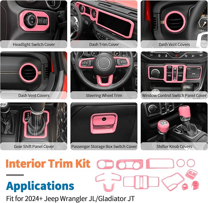 JeCar 14-Piece Pink Interior Accessories Trim Kit for 2024-2025+ Jeep Wrangler JL 4XE Gladiator JT- Center Console Dash Panel Interior Upgrade