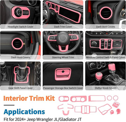 JeCar 14-Piece Pink Interior Accessories Trim Kit for 2024-2025+ Jeep Wrangler JL 4XE Gladiator JT- Center Console Dash Panel Interior Upgrade