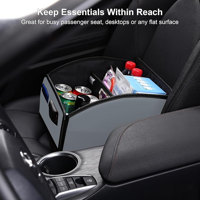 Car Storage Organizer [2025 UPDATED] Leather Car Caddy Basket for Front Seat Floor Back Seats Metal Handle 6 Compartments Adjustable Strap Buckles Slip-Resistant (Gray)