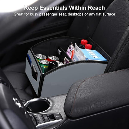 Car Storage Organizer [2025 UPDATED] Leather Car Caddy Basket for Front Seat Floor Back Seats Metal Handle 6 Compartments Adjustable Strap Buckles Slip-Resistant (Gray)