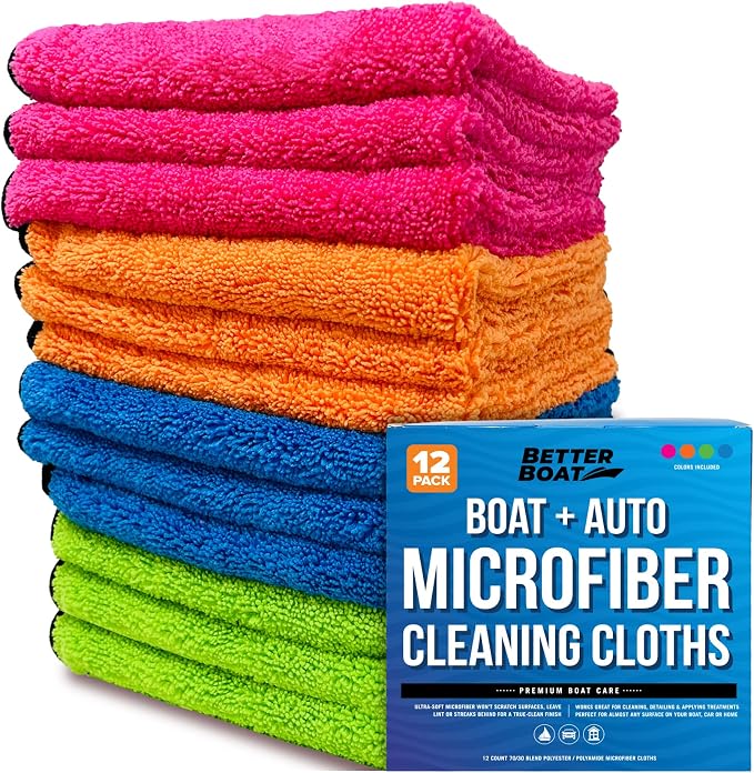 Better Boat 12 Pack Microfiber Cloth Kit, Lint-Free Cleaning Towels for Cars, Boats, and Home, Thick Large Microfiber Cleaning Cloths, Bulk Set