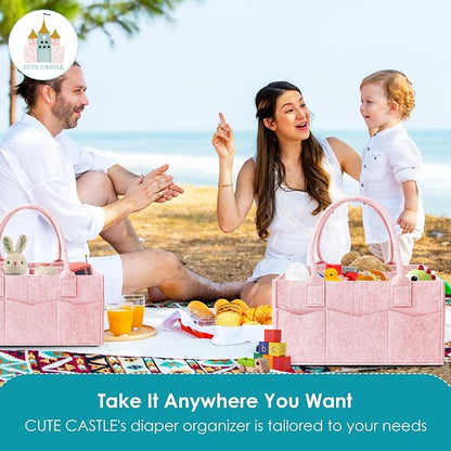 Cute Castle 2 Pack Diaper Caddy Organizer - Portable Baby Caddy Organizer with Handle, Nursery Storage Bin and Car Organizer for Girls, Boys - Baby Gift Basket - Pink, Large