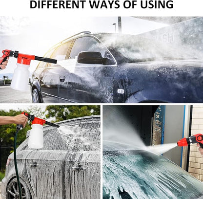 Collage of a pressure washer being used on various surfaces including a car, deck, and window.