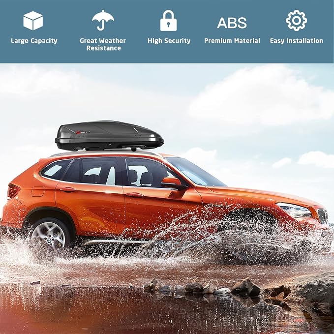 Goplus Rooftop Cargo Carrier Hard Shell, 14 Cubic Feet Waterproof Car Roof Cargo Carrier w/Dual Side Opening, Security Key, 165LBS Capacity, for 17” to 22.8” Wide Crossbar Rack, Vehicle Cargo Box