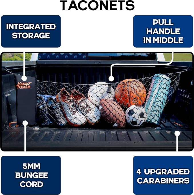 TacoNets Envelope Cargo Net for Toyota Tacoma - Fits 2005-Current - Patented Bed Rail Integration - Upgraded 5mm Bungee - Integrated Storage Bag - Heavy Duty Carabiners - Designed in USA