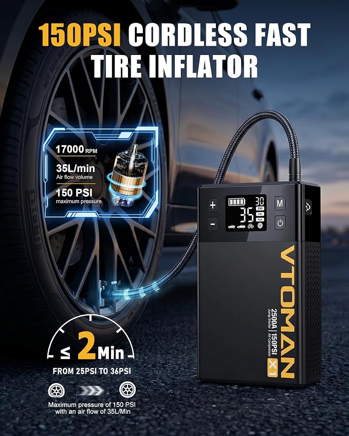 VTOMAN X1 Jump Starter with Air Compressor, Car Battery Jumper Starter (Up to 8.5L Gas/6L Diesel Engine) with 150PSI Auto Tire Inflator, 12V Portable Booster Pack, Lithium Jump Box Charger-Black