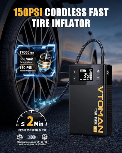 VTOMAN X1 Jump Starter with Air Compressor, Car Battery Jumper Starter (Up to 8.5L Gas/6L Diesel Engine) with 150PSI Auto Tire Inflator, 12V Portable Booster Pack, Lithium Jump Box Charger-Black