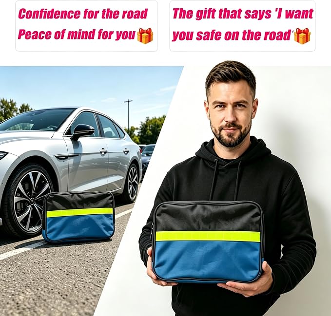 Car Roadside Emergency Kit, 6-in-1 Safety Set | Jumper Cables, Tow Rope, Warning Triangle, Safety Hammer, First Aid Kit, Storage Bag