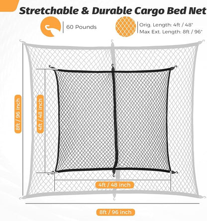 Cargo Net for Pickup Truck Bed - Cargo Nets for Trailer Boat 4'x4' to 8'x8' Truck Beds Netting - Automotive Cargo Net with 6 Hooks
