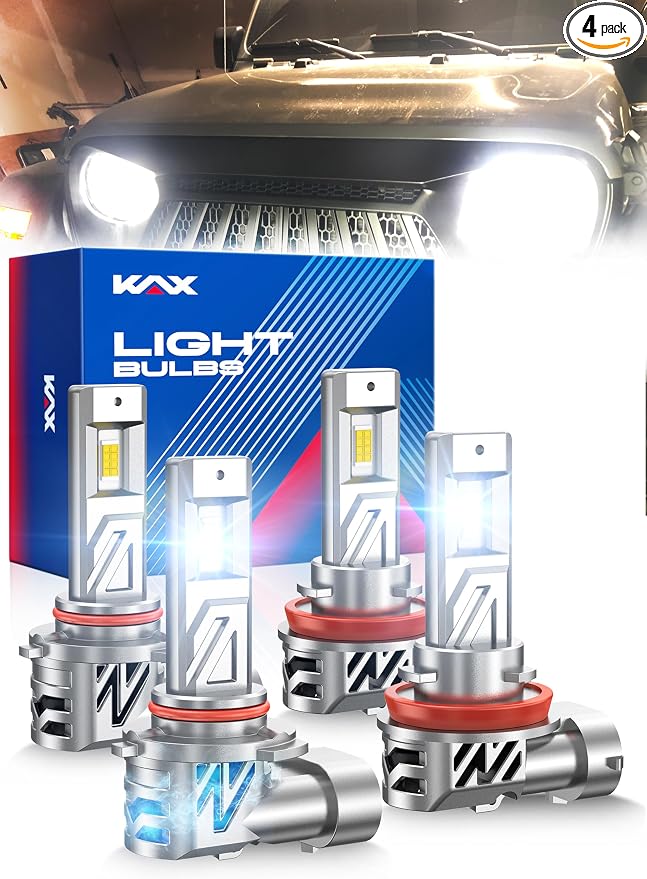 KAX 2025 10X Brightener 9005 H11 Led Bulbs Combo for Car Owners, 100000Lm HB3 H9 for Drivers at Night, H11 During Bad Weather, HB3 H8 1:1 Real Size, 100000 Hours Lifespan, 99% Fit Vehicles, 4 Pack