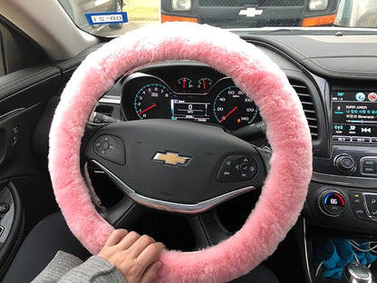 Andalus Brands Luxury Fluffy Car Steering Wheel Covers – Genuine Merino Sheepskin, Soft Fuzzy Car Steering Wheel Cover for Women, Universal 14.5-15" Size, Plush Fur Cute Auto Accessories, Pink