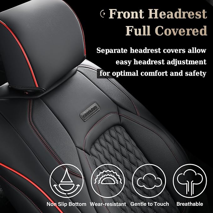 Coverado Front Seat Covers for Ford F150 2015-2026, F250 F350 F450 2017-2026 SuperCrew Crew Cab, Red and Black Leather Car Seat Covers, Full Coverage