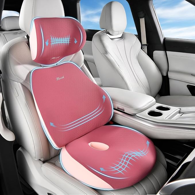 FLORICH Car Seat Cushion & Lumbar Support Pillow & Car Neck Pillow, Ergonomic Memory Foam Driving Seat Cushion for Back & Sciatica Pain Relief, Non-Slip Washable Cushion for Car, Driver, Office-Pink