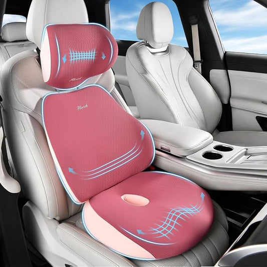 FLORICH Car Seat Cushion & Lumbar Support Pillow & Car Neck Pillow, Ergonomic Memory Foam Driving Seat Cushion for Back & Sciatica Pain Relief, Non-Slip Washable Cushion for Car, Driver, Office-Pink