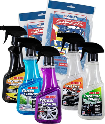 ABRO Professional Grade Car Detailing Kit, Includes Streak Free Glass Cleaner, Wheel Cleaner, 2 Mircofiber Cleaning Towels, Interior & Exterior Wash